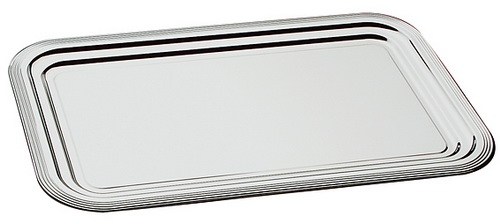 Partyplatte -CLASSIC- 41 x 31 cm, Metall vernickelt und glanzverchromt mit Liniendekor Rand eingerollt Materialdicke 0,35