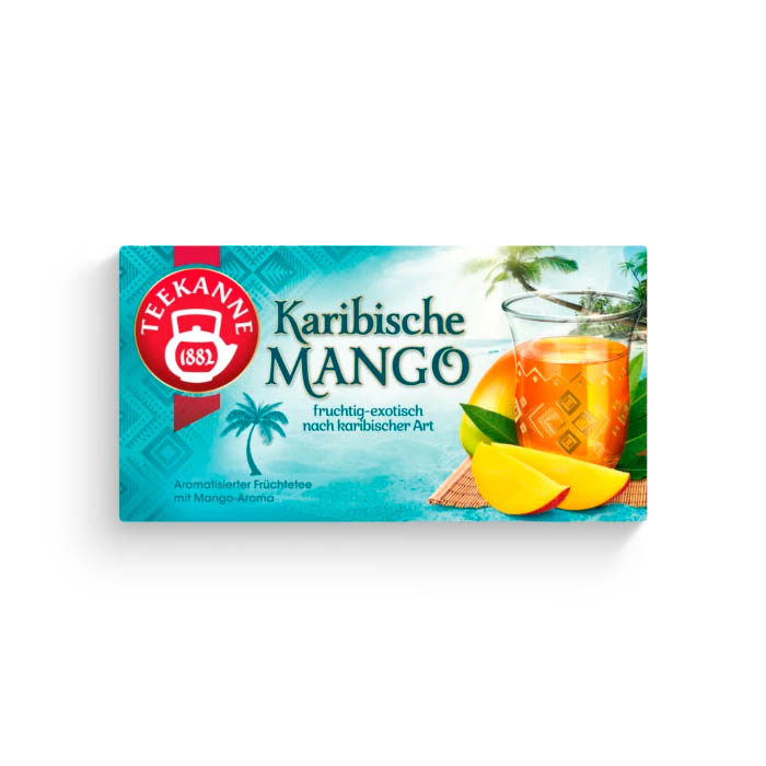 Teekanne Karibische Mango, Inhalt: 20 Teebeutel à 1,8 g, einzeln kuvertiert.