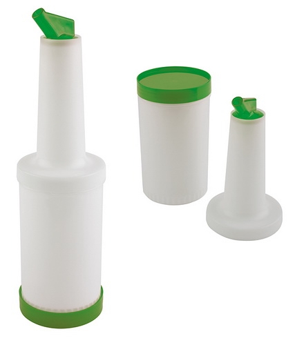 Dosier-/Vorratsflasche, grün Ø 9 cm, H: 33 cm, 0,85 Liter Polypropylen 4-teilig: Behälter + Flaschenhals + Schraubdeckel +