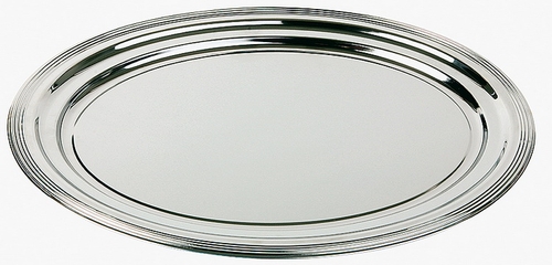 Partyplatte, oval -CLASSIC- 46 x 34 cm, Metall vernickelt und glanzverchromt mit Liniendekor Rand eingerollt Materialdicke
