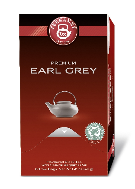 Teekanne Premium EARL GREY, Inhalt: 20 Beutel à 1,75 Gramm, Schwarztee mit Bergamotte-Note.