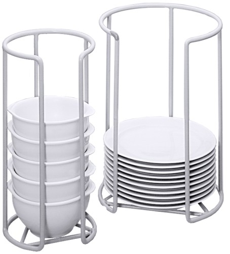 Teller-/Glockenhalter aus hellgrauem, kunststoffummanteltem Stahldraht, ideal zum Transportieren und Lagern von Tellern, Schalen