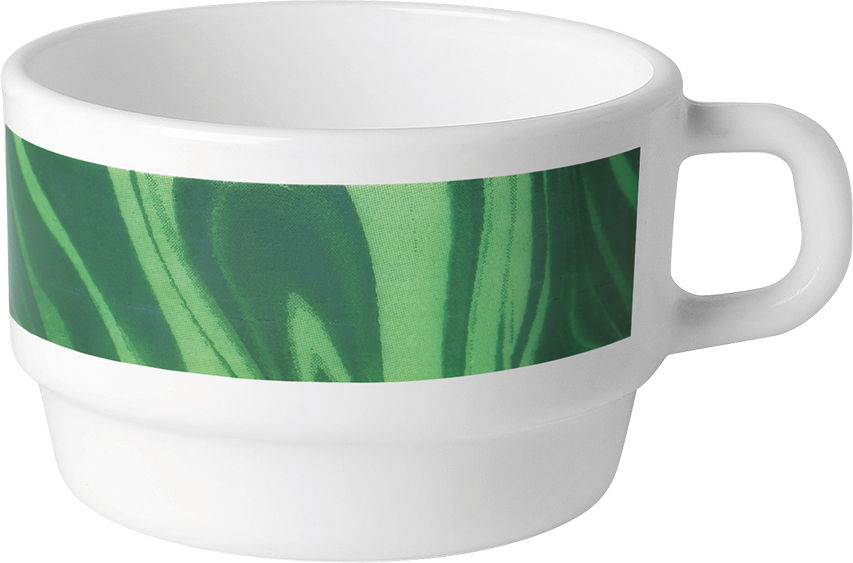 Kaffeetasse NATURA mit grünem Muster. Inhalt ca. 0,22 Liter, aus Opalglas. Von Bormioli Rocco.