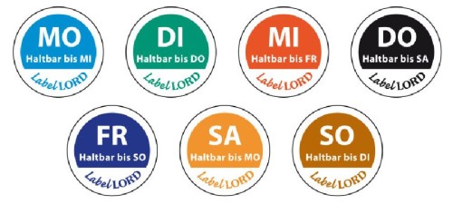 LabelLord Etiketten Sonntag "haltbar bis Dienstag", Aqualabel, Rolle mit 500 Etiketten