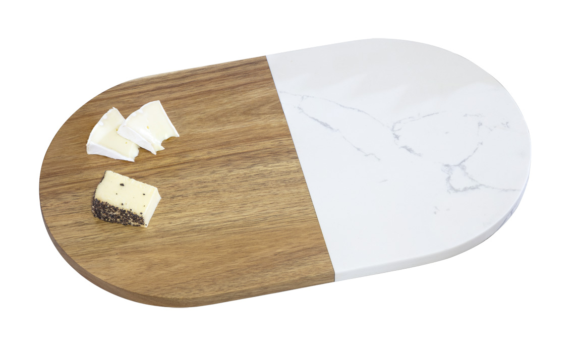 Schneidbrett ROMA aus Akazienholz und weißer Einlage in Marmoroptik, ovale Form, Maße: ca. 37 x 22 x 1,2 cm, Gewicht ca. 1.300 gr,