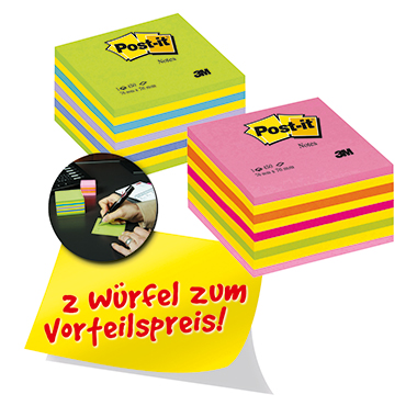 Post-it® Haftnotizwürfel Promotion 76 x 45 x 76 mm (B x H x T) neonpink, neongrün, neonblau, rosa, gelb 450 Bl./Block