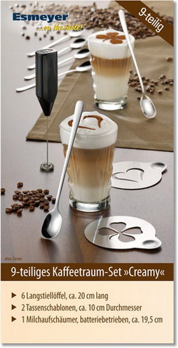 9-teiliges Kaffeeset CREAMY, bestehend aus: 6 Langstiel-Löffeln, 2 Schablonen (Edelstahl) und 1 Milchaufschäumer.