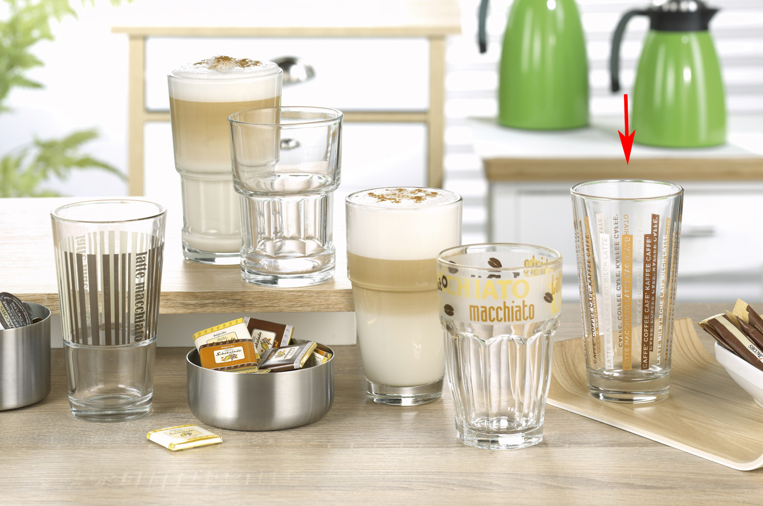 Kaffee-Glas LINES, Inhalt 0,37 Liter, Höhe: 143 mm, Durchmesser: 78 mm, mit Druck, spülmaschinengeeignet,