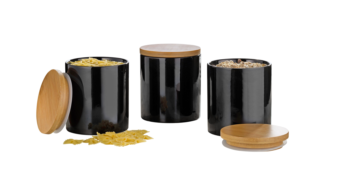 3-teiliges Vorratsdosen-Set GRENOBLE, mittel, Farbe: schwarz, Durchm. x Höhe: ca. 11 x 13 cm, Porzellan mit Bambusdeckel inkl. Silikondichtung.