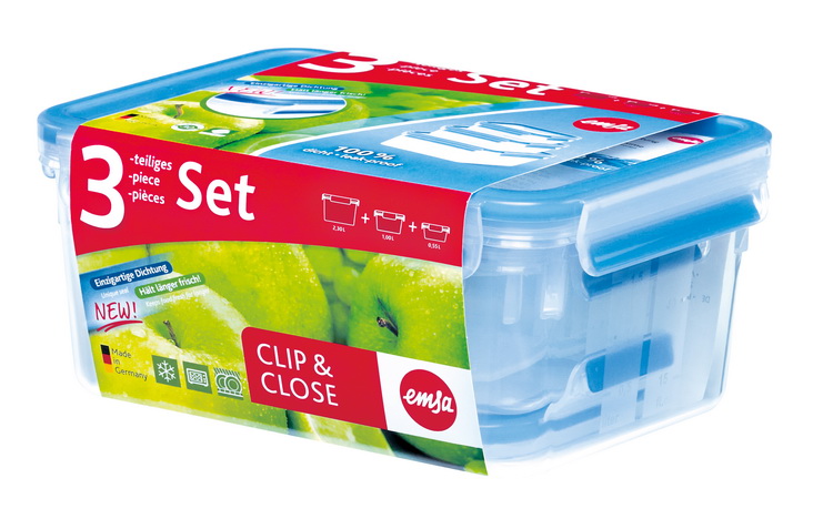 Emsa CLIP & CLOSE 3 teiliges Vorratsdosen-Set, Prämie für Ihre Bonuspunkte Größen: 0,55 Liter, 1 Liter, 2,3 Liter, blau.