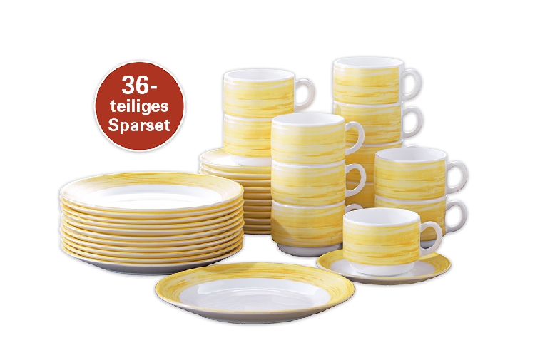36-teiliges SPARSET BRUSH Yellow/ Gelb von Arcoroc Hartglasgeschirr aus Opalglas mit farbigem Dekor, stapelbar, spülmaschinengeeignet.