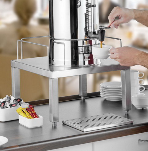 Edelstahl-Sockel für Kaffee-u. Heiswasserautomaten Stellfläche 40x40 cm mit 3-seitiger Reeling Traglast: bis 25 kg, Made in Germany