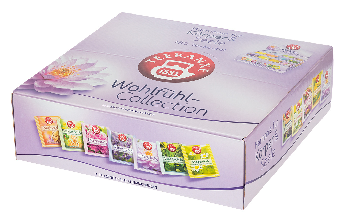Teekanne WOHLFÜHL BOX, 11 beliebte Sorten, Maße: 8,5x27x28,5 cm, im dekorativen Aufsteller.