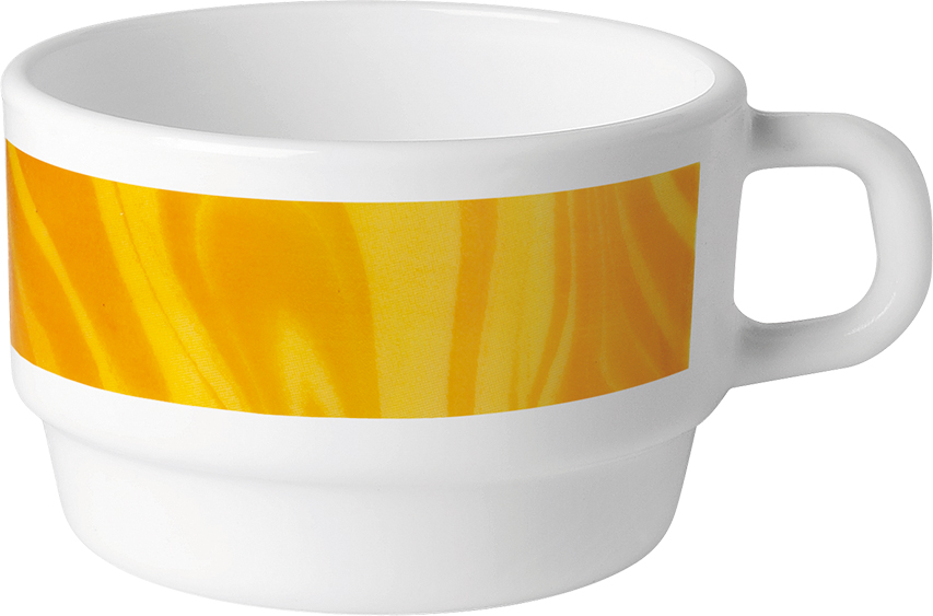 Kaffeetasse NATURA mit gelbem Muster. Inhalt ca. 0,22 liter, aus Opalglas. Von Bormioli Rocco.