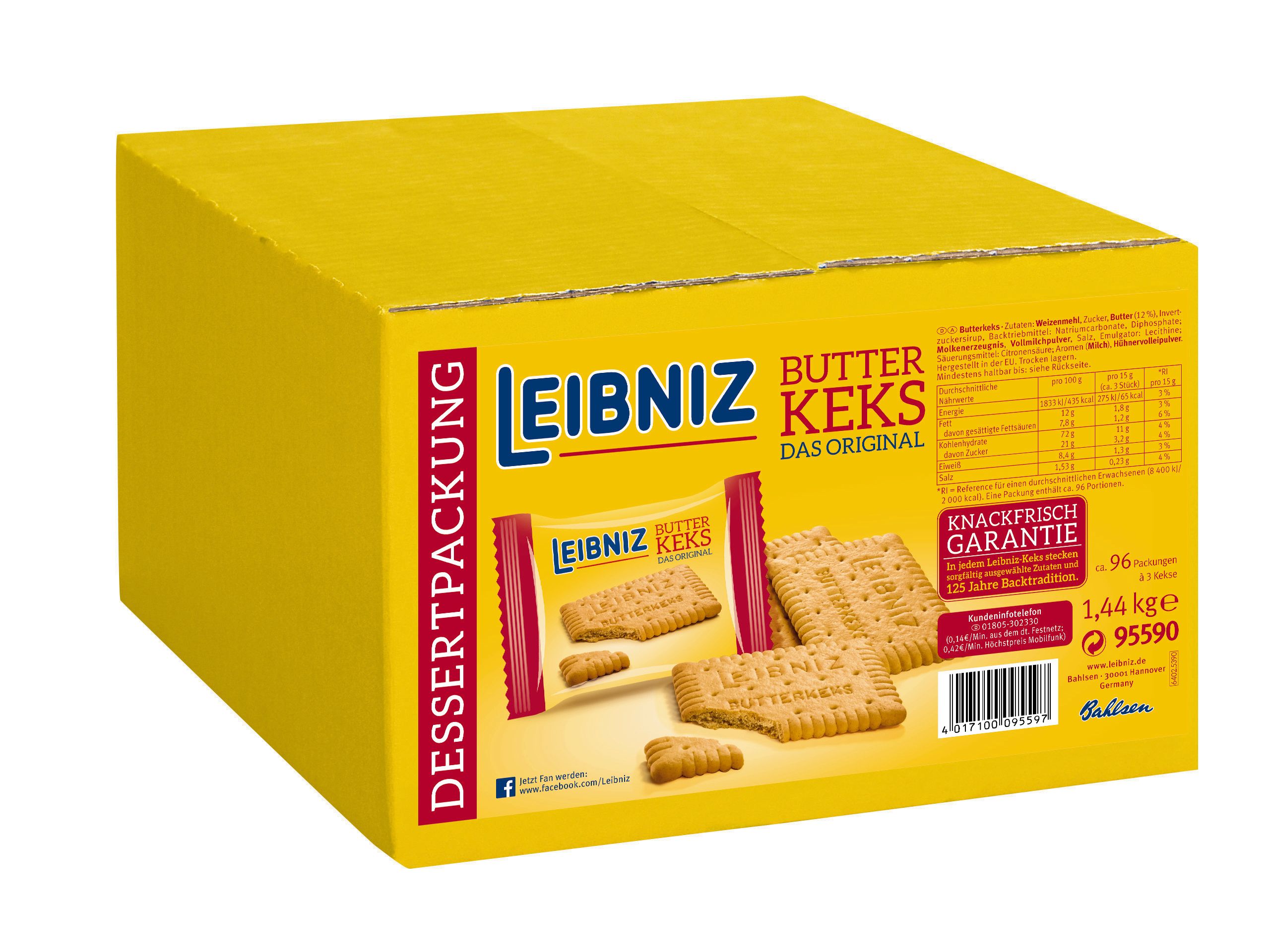 Leibniz Butterkeks, Inhalt: 96 Packungen à 3 Stück je Karton.