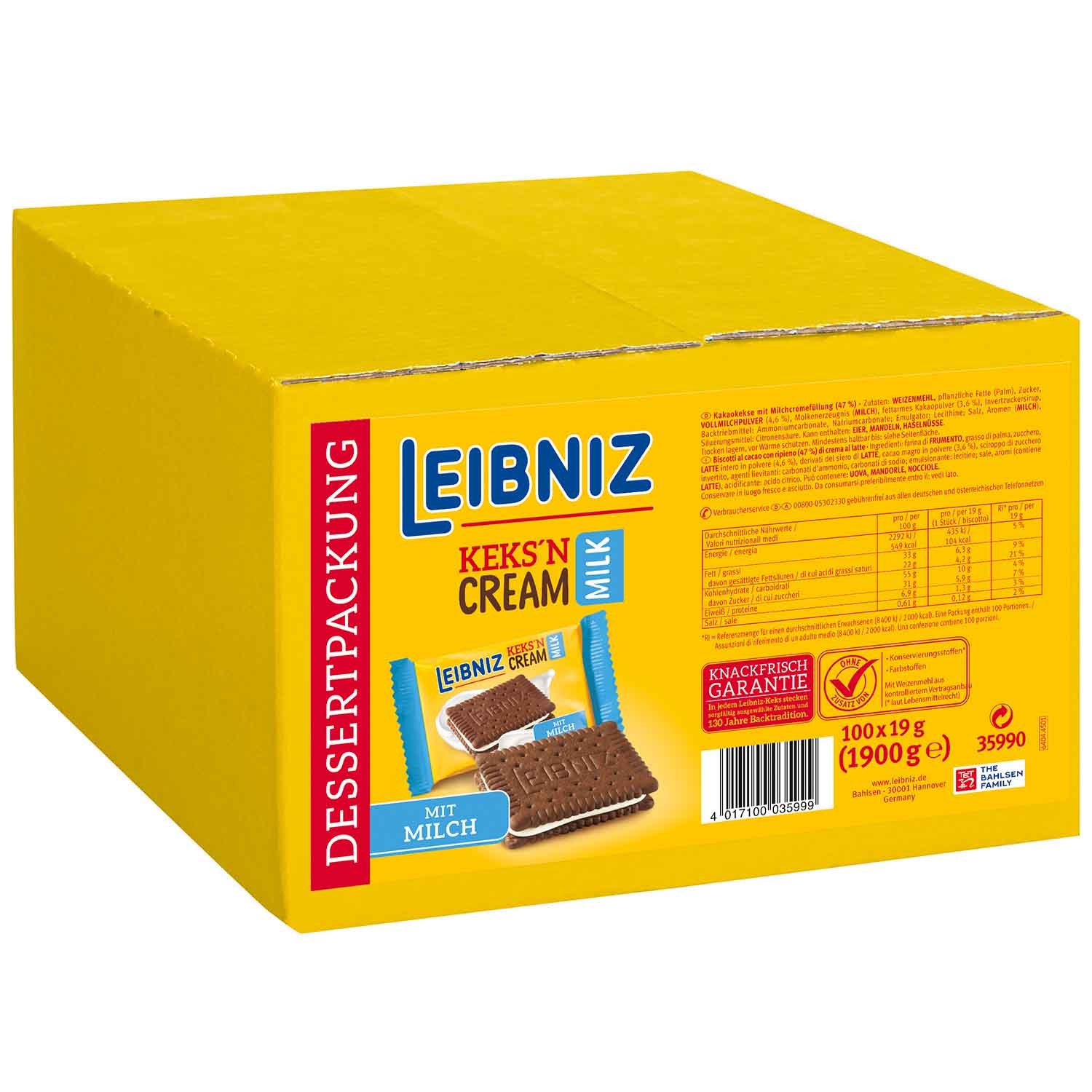 BAHLSEN LEIBNIZ Keks'n Cream Milk 1er Karton Inhalt: 100 Einzelriegel à 19g Hygienisch einzeln verpackt