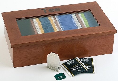 Teebox 33,5 x 20 cm, H: 9 cm Holz, rot-braun Holzbox mit Sichtfenster mit Aufschritt -Tee- 4 Kammern können mit je 30