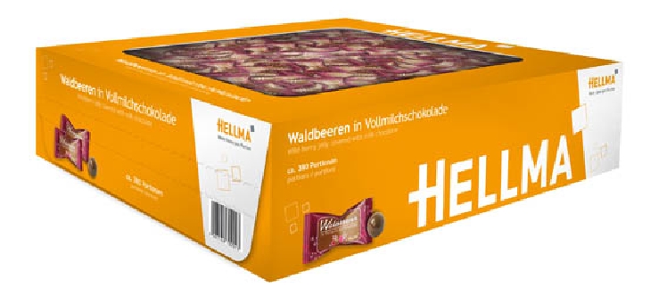 WALDBEEREN IN VOLLMILCHSCHOKOLADE von Hellma, Inhalt: 380 Stück à 1,53 g je Karton, Waldbeergelee in Vollmilchschokolade.