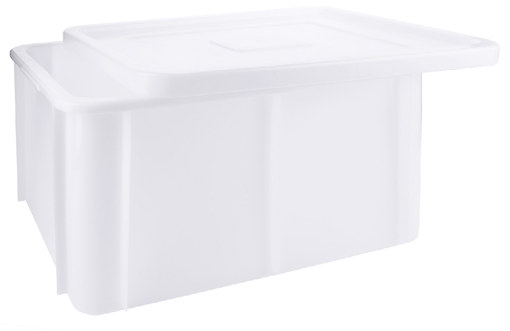 Stapelkasten 30l, aus weißem HD-Polyethylen. Maß: 60 x 40 x 16 cm.
