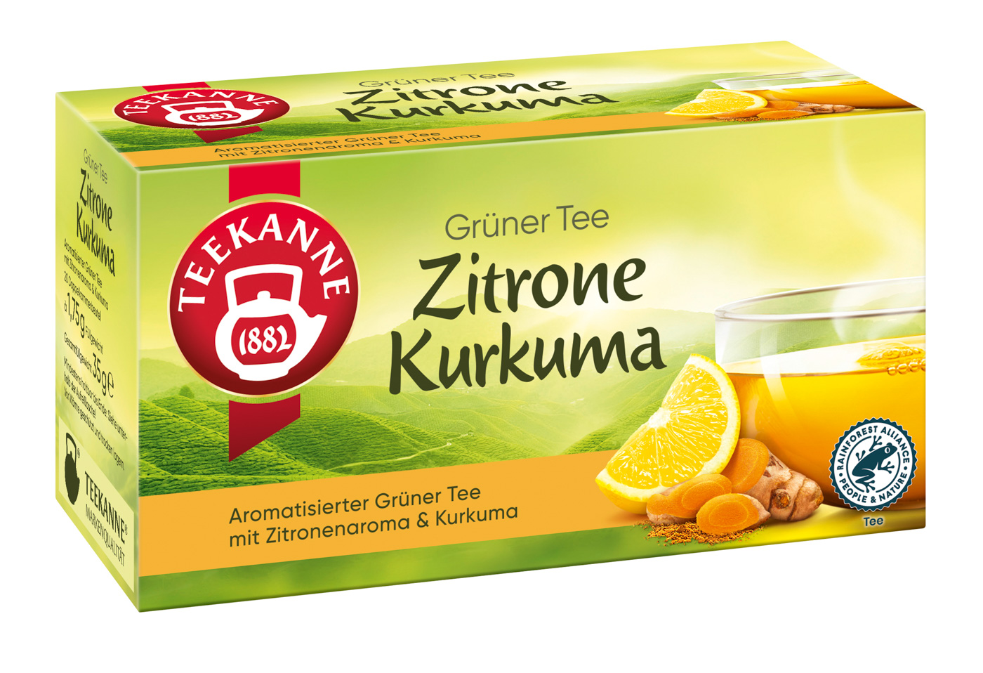 Teekanne Grüner Tee Zitrone Kurkuma, Inhalt: 20 Teebeutel à 1,8 g, einzeln kuvertiert, erfrischend, fruchtig.