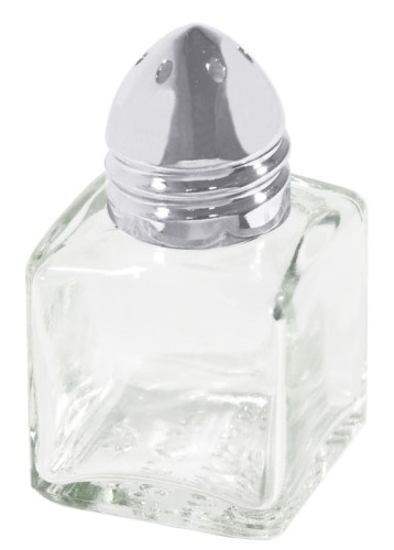 Ersatz-Salzstreuer zu Mini-Streuer Würfel aus klarem Pressglas, mit verchromten Messingkappen, /001  Pfeffer mit 1 Loch, /002