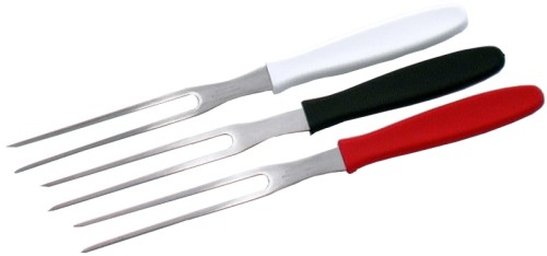 Aufschnittgabel-Set aus Klingenstahl, matt poliert mit geraden Zinken, mit ABS-Griff (weiß, schwarz, rot), leichte stabile Qualität
