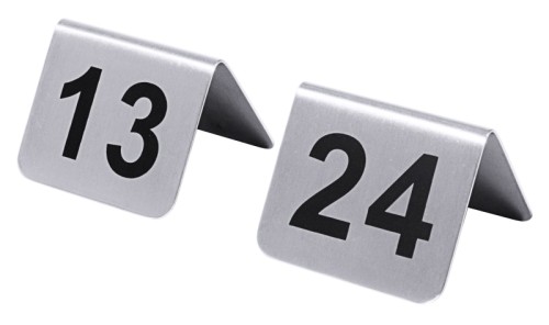 Tischnummernschild mit Nummern 13 bis 24 mit Ziffern aus schwarzem Siebdruck, aus Edelstahl 18/10, seidenmatt poliert,