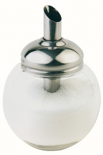 Zuckerdosierer Ø 8,5 cm, H: 12 cm, 150 ml Behälter aus Glas Schraubdeckel aus Edelstahl mit Dosierrohr spülmaschinengeeignet