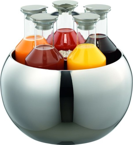 CARAFINE Getränke-Set Quintet 5 x 1,2 Liter, Doppelwandige Edelstahlkugel mit Crasheisröhre aus Edelstahl, Glaskaraffe inkl. Edelstahldeckel