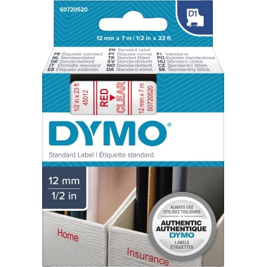 DYMO® Schriftbandkassette D1 12 mm x 7 m (B x L) transparent rot