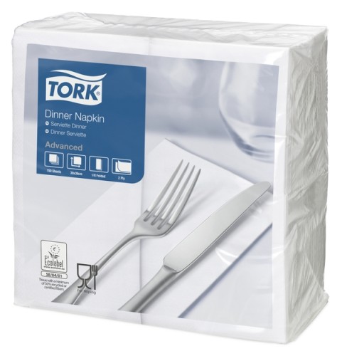 Tork Dinnerserviette Advanced weiß, 39,5 x 39 cm, 1/8 Falz, geprägt, 2-lagig Inhalt: 12 Pakete à 150 Stück = 1.800 Stück