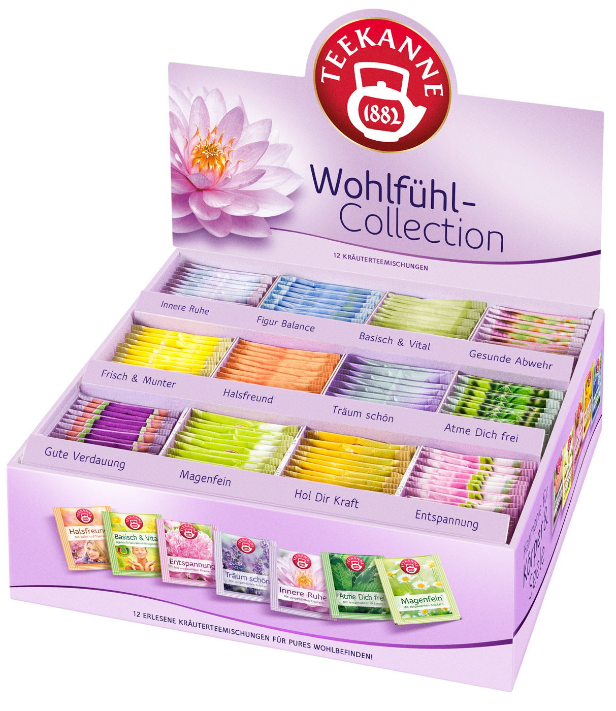 Teekanne WOHLFÜHL BOX, 11 beliebte Sorten, Maße: 8,5x27x28,5 cm, im dekorativen Aufsteller.