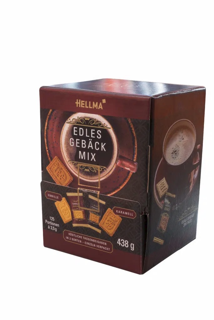 Edles Gebäck Mix, mit 125 Gebäckstücken a 3,5g, Sorten vanille und Karamell, Spenderbox recyclebar