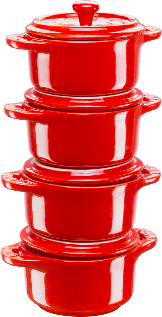 Cocotte Set, 4-tlg, rund, Keramik, Kirsch-Rot, Serie: Ceramique. Marke: Staub