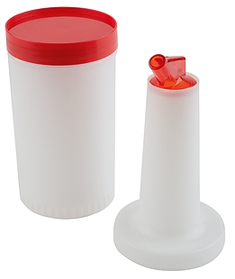 Dosier-/Vorratsflasche, rot Ø 9 cm, H: 33 cm, 0,85 Liter Polypropylen 4-teilig: Behälter + Flaschenhals + Schraubdeckel +