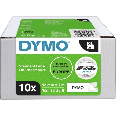 DYMO® Schriftbandkassette D1 12 mm x 7 m (B x L) weiß schwarz 10 St./Pack.