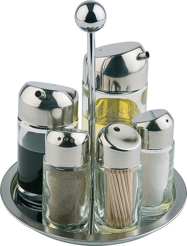 Menage, 6-teilig Ø16 cm, H: 20 cm Edelstahl Pfeffer- und Salz-Glasstreuer, Essig- und Öl-Glasbehälter mit Edelstahl-Deckel,