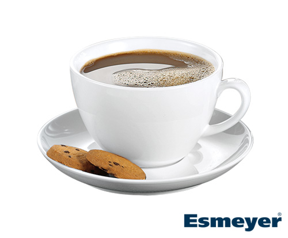 Milchkaffee-Tasse BISTRO, Inhalt: 0,4 ltr., mit Untertasse, aus Porzellan, UNI WEISS, Henkelform rund, Höhe: 7,6 cm