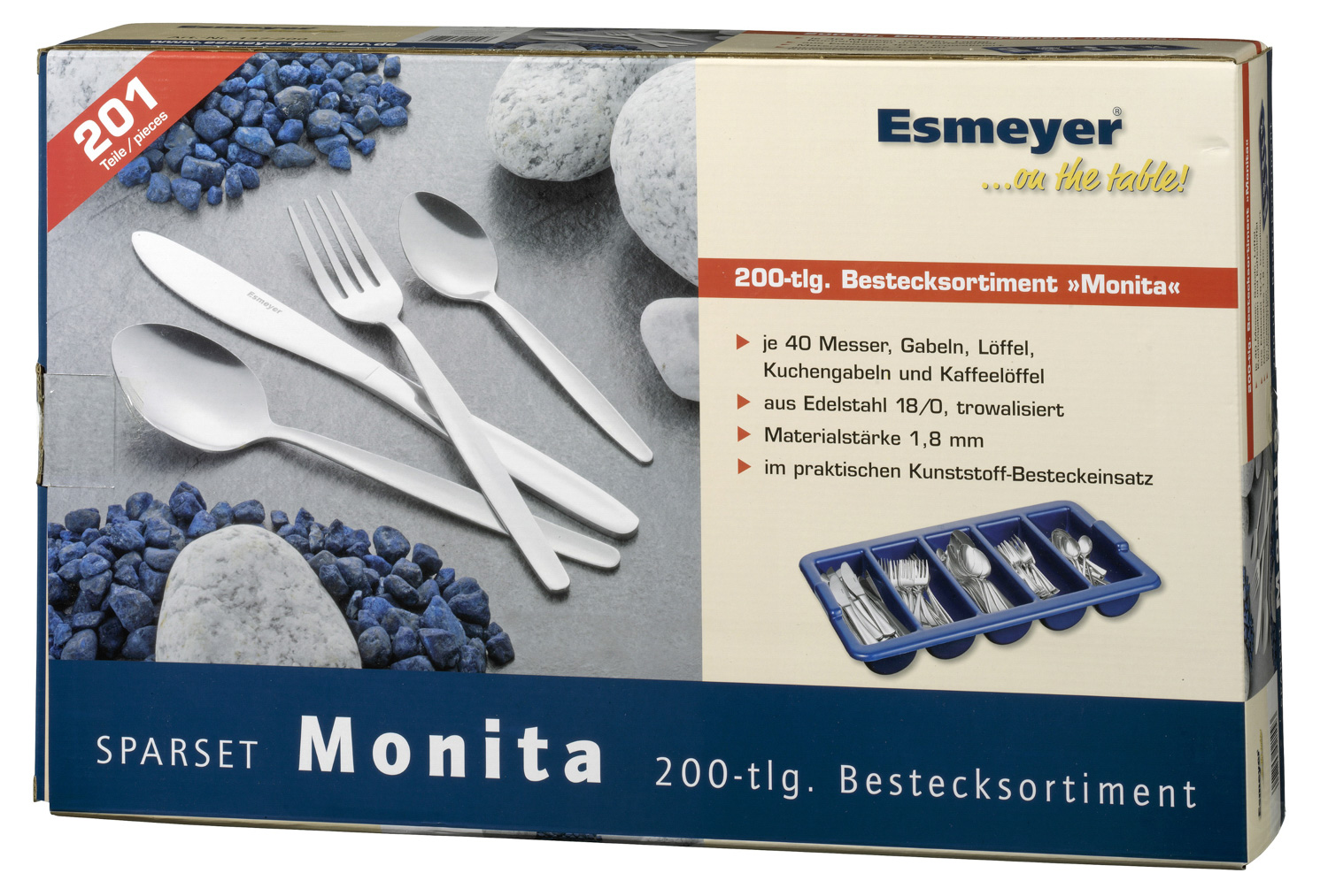 Sparset MONITA, Edelstahl 18/0, trowalisiert, Messer aus Klingenstahl. Enthält 200 Besteckteile für 40 Personen.