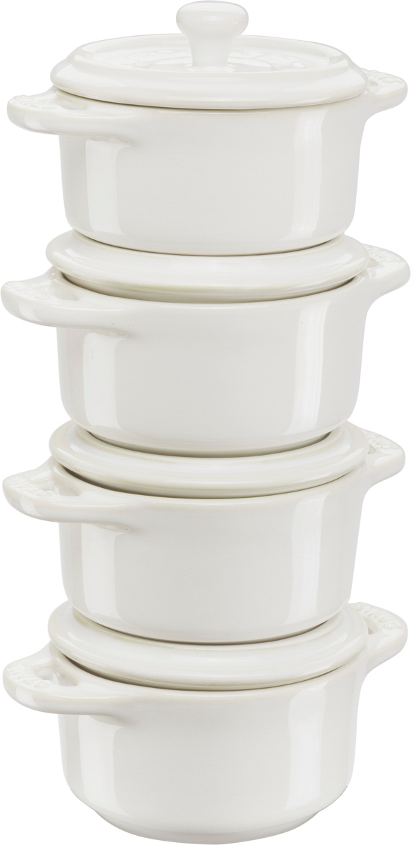 Cocotte Set, 4-tlg, rund, Keramik, Elfenbein-Weiß, Serie: Ceramique. Marke: Staub