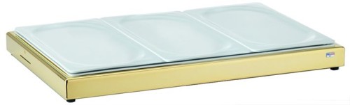 FRILICH UNISON Frischeplatte GN mit drei 1/3 GN-Porzellanplatten, Gold Standfuß aus Edelstahl