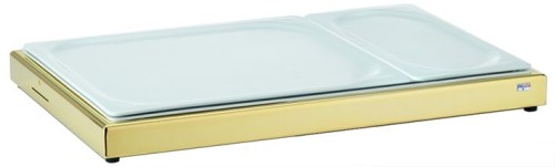 FRILICH UNISON Frischeplatte GN mit einer 1/3 u. 2/3 GN-Platte, Gold Porzellanplatte Standfuß aus Edelstahl
