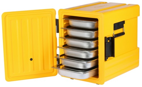 Thermobox GN 1/1 aus gelbem Polypropylen, Frontlader mit 12 Auflageschienen mit je 39 mm Abstand, mit beidseitigen