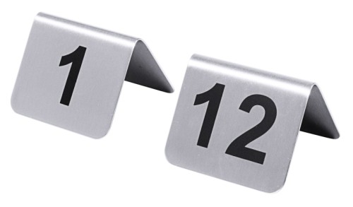 Tischnummernschild mit Nummern 1 bis 12 mit Ziffern aus schwarzem Siebdruck, aus Edelstahl 18/10, seidenmatt poliert,
