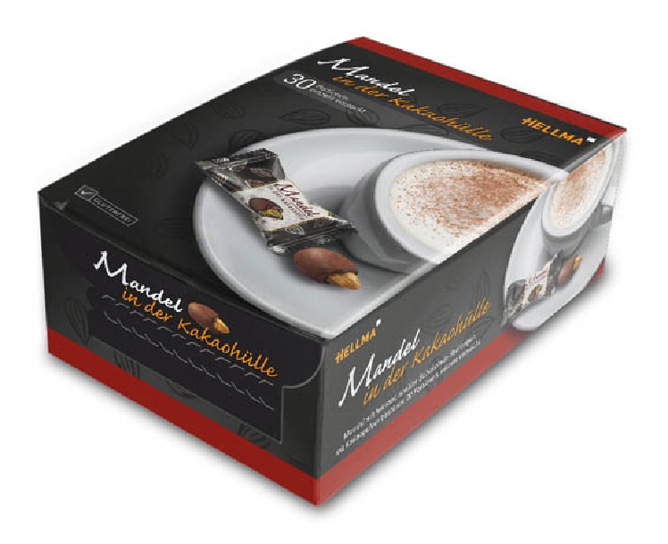 HELLMA Mandel in dunkler Schokolade und Kakaohülle Inhalt: 30 Stück in einer Genießerbox