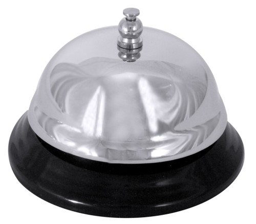 Rezeptionsglocke hochglanzverchromt, mit schwarz lackiertem Metallfuß Bodendurchmesser: 8,5 cm, Höhe: 6 cm