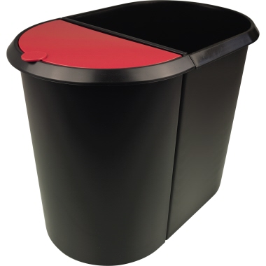 helit Papierkorb the double 27 x 34,8 x 44 cm (B x H x T) 29l Kunststoff Farbe: schwarz Farbe des Deckels: rot 2 Sortierfächer