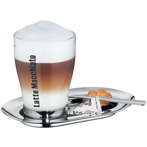 WMF 6er Set Latte Macchiato KaffeeKultur bestehend aus: 6 x Unterteller Cromargan, 6 x Glas L bedruckt, 6 x Muglöffel