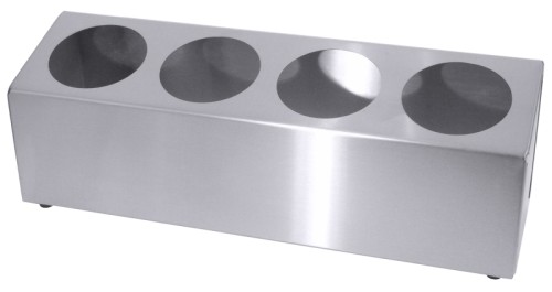 Besteckbehälter für 4 Besteckköcher einreihig mit Loch-Ø 10 cm, aus Edelstahl 18/0, seidenmatt poliert, für Besteckköcher, mit
