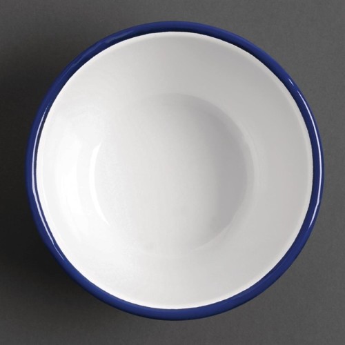 6 Stück Olympia emaillierte Dessertschalen weiß-blau 7,5cm. 6 Stück, 7,5 x 15,5(Ø)cm, Edelstahl und Glasemail, weiß mit